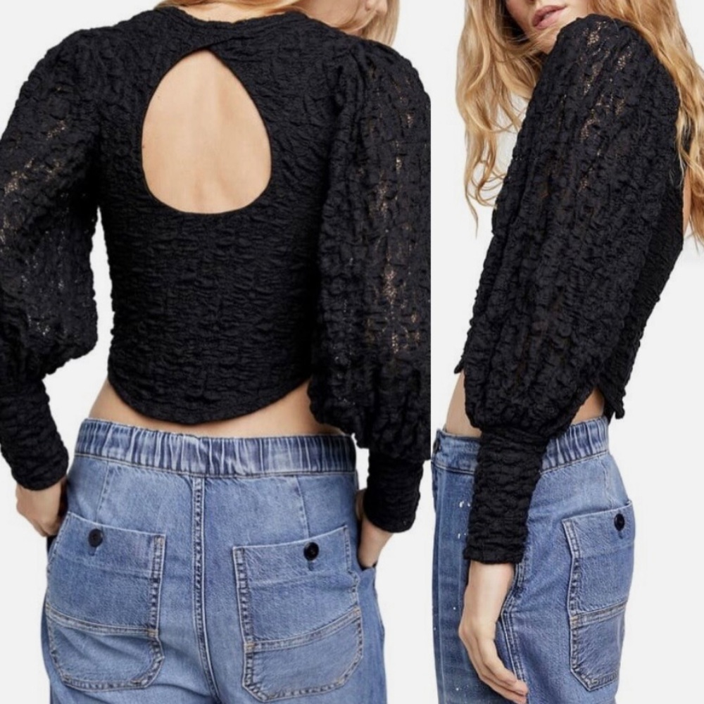 Free People Tea Time Top Black Lace Open Back Long Sleeves Size M